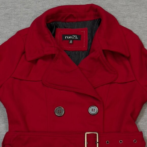 Rue 21 Womens Red Pea Coat Double Breasted Long Sleeve Belted Zip Pockets Size M - Picture 15 of 16